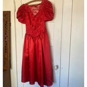 Vintage 80s Red Prom Dress Chappell Roan Puff Sleeve Satiny Bows Lace Homecoming